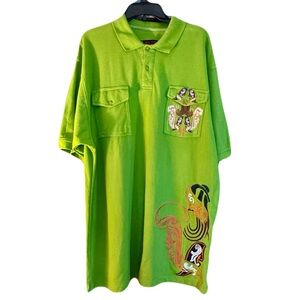 RED APE Y2K Streetwear Lime Green Embroidered Graphic Short Sleeve Polo Shirt